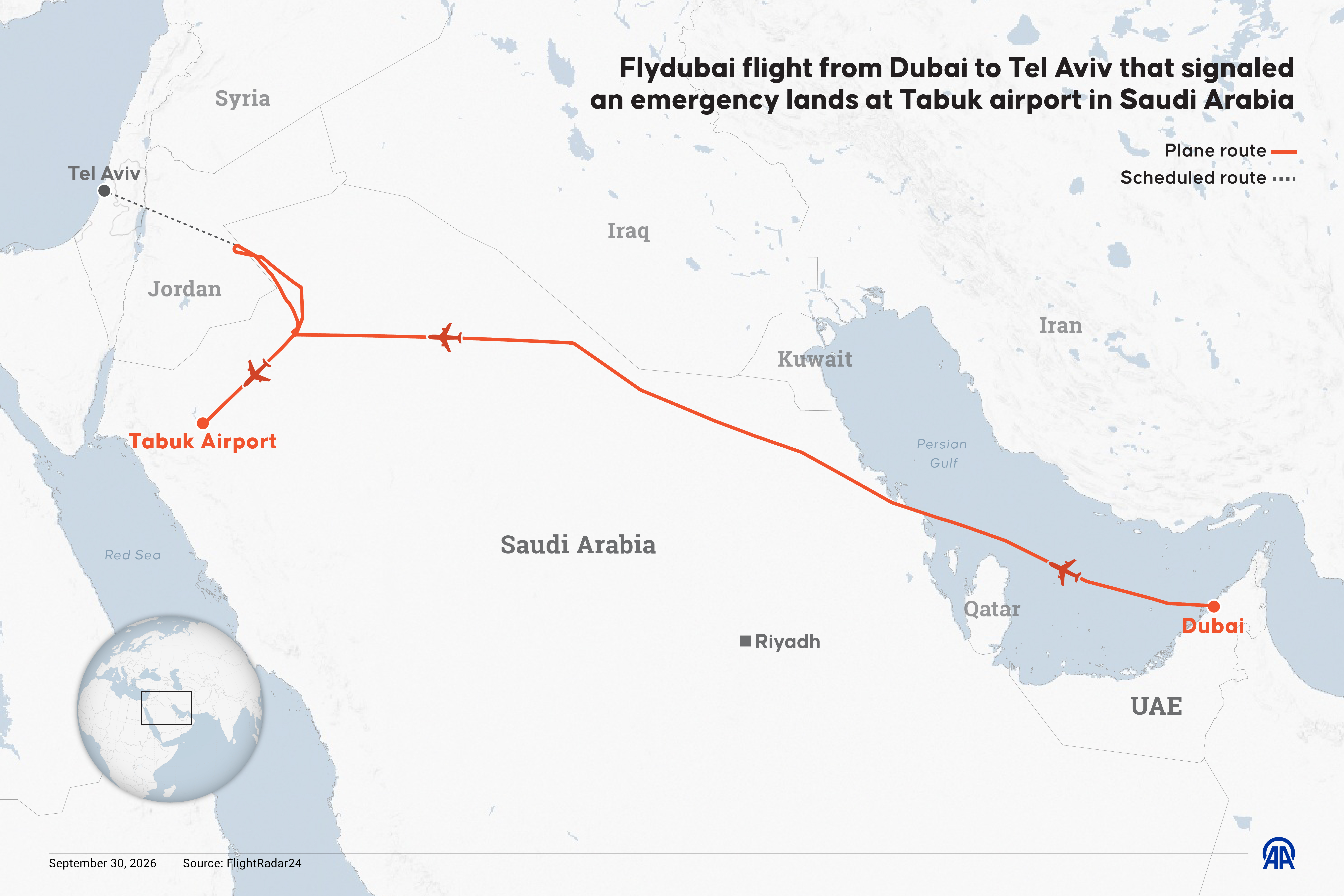  An infographic titled "Flydubai flight from Dubai to Tel Aviv that signaled an emergency lands at Tabuk airport in Saudi Arabia" created in Ankara, Turkiye on September 30, 2026.