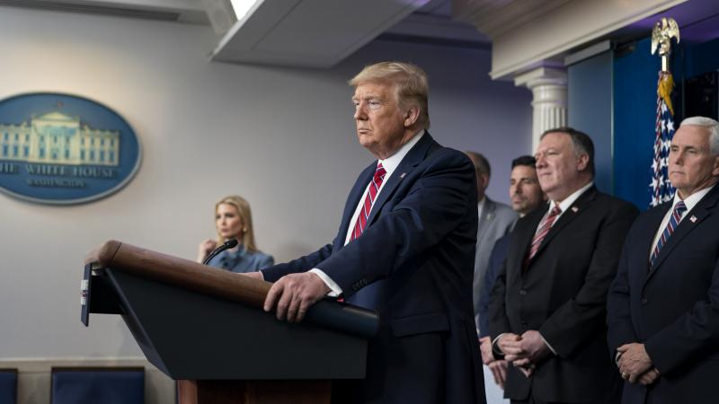 President Donald J. Trump, joined by Vice President Mike Pence and members of the White House Coronavirus Task Force, delivers remarks during a coronavirus update briefing Friday, March 20, 2020, in the James S. Brady Press Briefing Room of the White House.