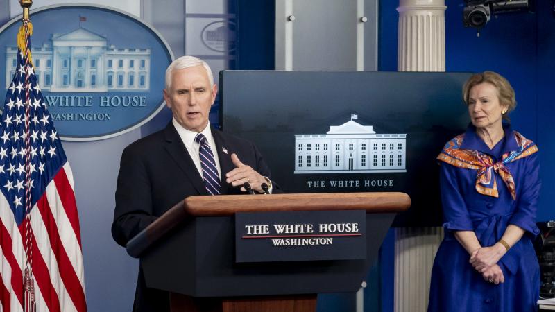 Vice President Mike Pence, joined by White House Coronavirus Response Coordinator Dr. Deborah Birx, delivers remarks during a coronavirus update briefing Wednesday, April 8, 2020, in the James S. Brady Press Briefing Room of the White House.