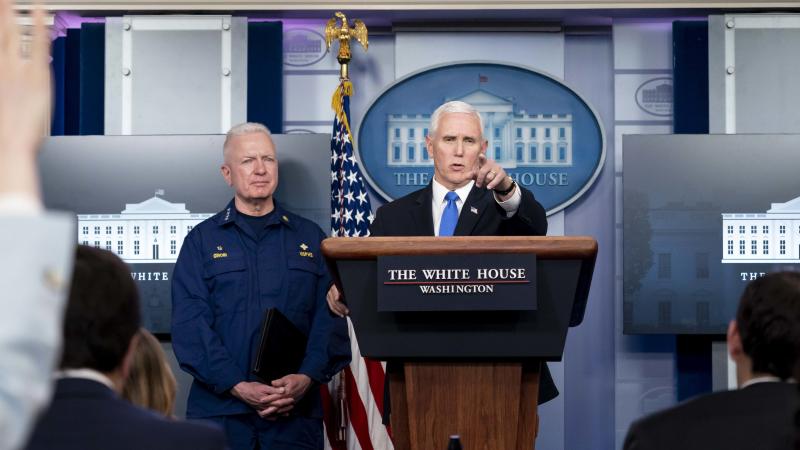 Vice President Mike Pence, joined by Assistant Secretary for Health Adm. Brett Giroir, takes questions from reporters during a coronavirus update briefing Monday, April 6, 2020, in the James S. Brady Press Briefing Room of the White House.