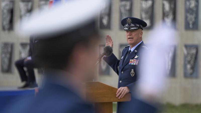 Chief of Space Operations Gen. John W. “Jay” Raymond administers the U.S. Space Force Oath of Office on April 18, 2020
