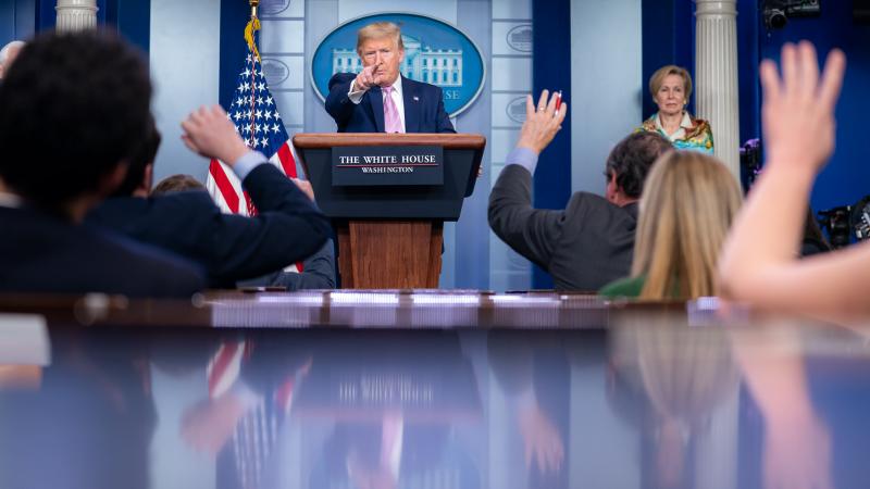 President Donald J. Trump takes questions from reporters during a coronavirus update briefing Saturday, April 4, 2020, in the James S. Brady Press Briefing Room of the White House. 