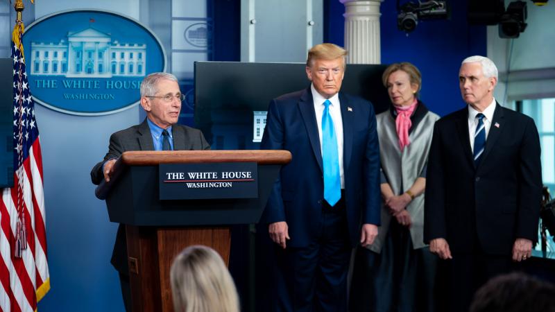 President Donald J. Trump, joined by Vice President Mike Pence and White House Coronavirus Response Coordinator Dr. Deborah Birx, listens as Director of the National Institute of Allergy and Infectious Diseases Dr. Anthony S. Fauci delivers remarks.