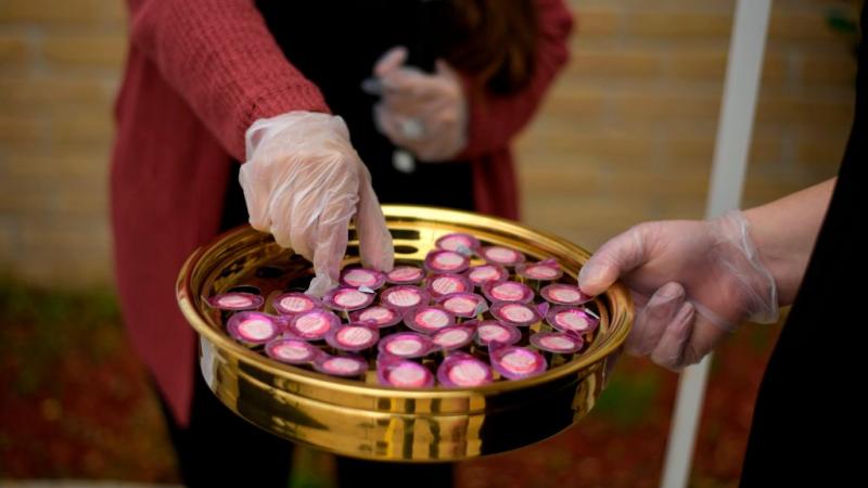 Juice packets for communion at City On A Hill Church in Texas on April 5, 2020