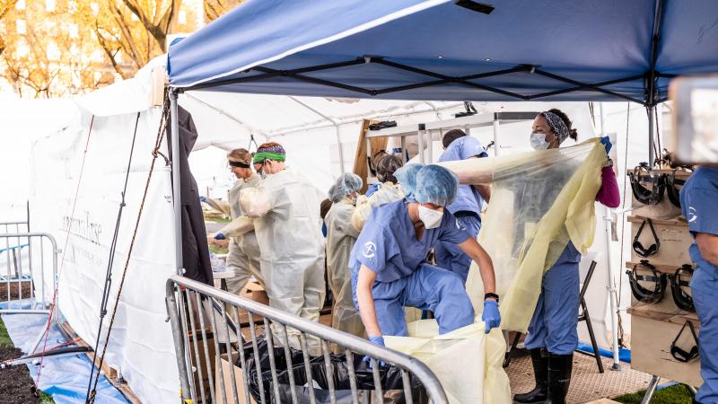 Medical workers at the emergency field hospital run by Samaritan's Purse and Mount Sinai Health System in Central Park.