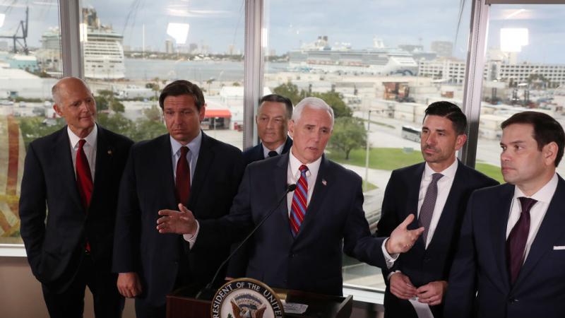Vice President Mike Pence, Sen Rick Scott, Sen. Marco Rubio, Gov. Ron DeSantis, Sec. Homeland Security Chad Wolf, and Admiral Eric Jones following a discussion at Port Everglades concerning coronavirus issues experienced by the cruise line industry