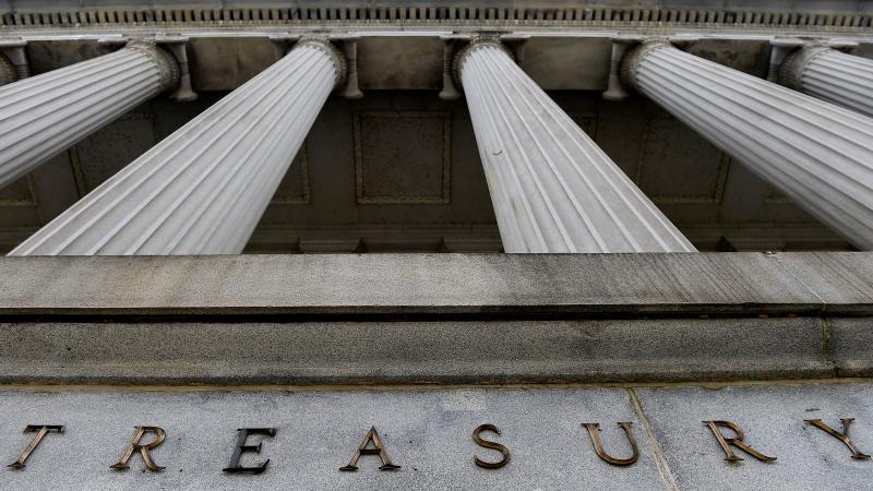 An exterior view of the building of US Department of the Treasury is seen on March 27, 2020 in Washington, DC.