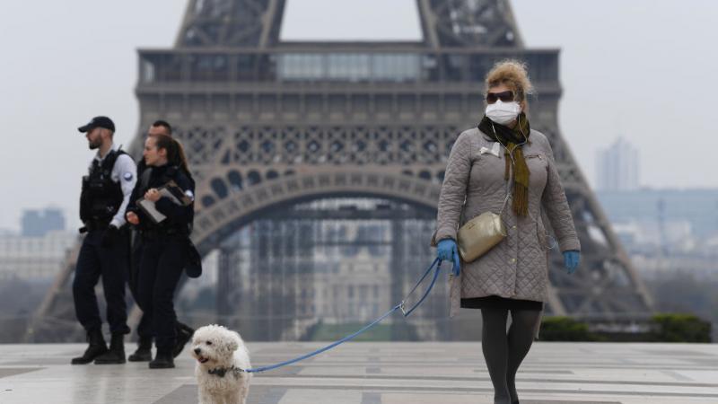 A Parisien wears protective gear near the Eiffel Tower