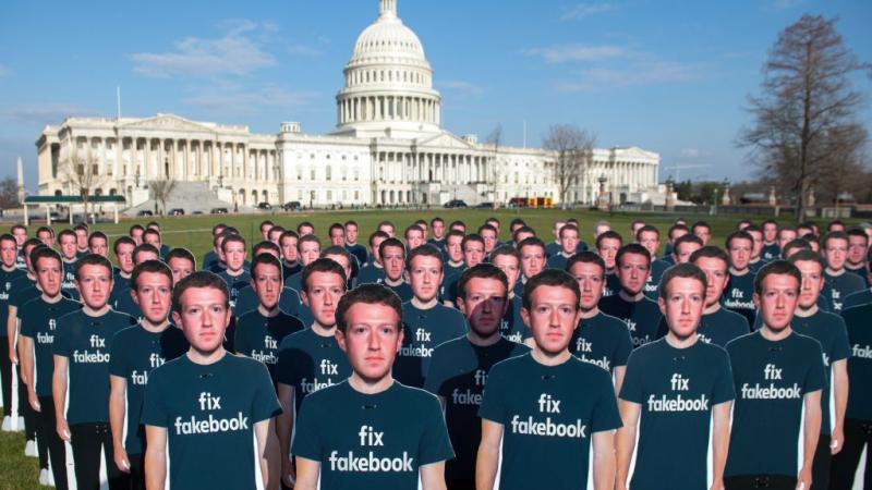One hundred cardboard cutouts of Facebook founder and CEO Mark Zuckerberg stand outside the US Capitol in Washington, DC