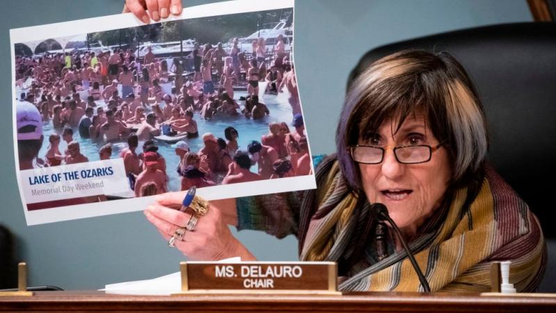 CT Rep. Rosa DeLauro holds a photo of the pool party