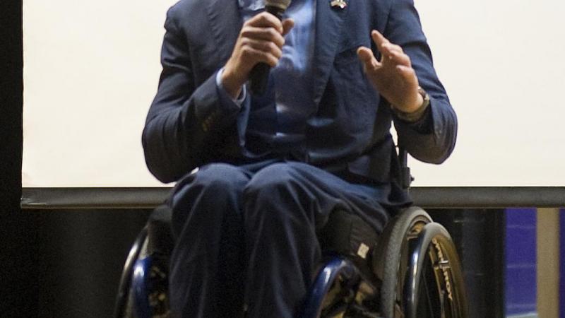 Madison Cawthorn speaking during the Henderson County Republican Convention