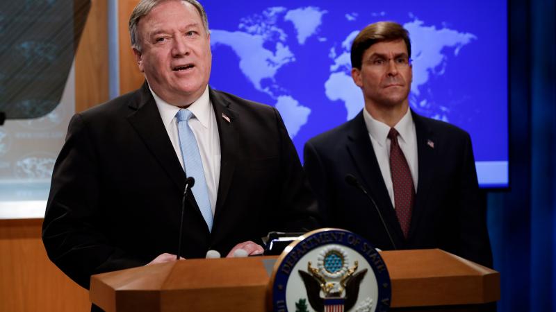 Secretary of State Mike Pompeo (L) with US Defense Secretary Mark Esper (R), at the State Department in Washington, DC.