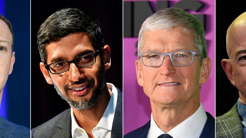 Facebook CEO Mark Zuckerberg, Google CEO Sundar Pichai Berlin, Apple CEO Tim Cook, and Amazon Founder and CEO Jeff Bezos in Las Vegas.