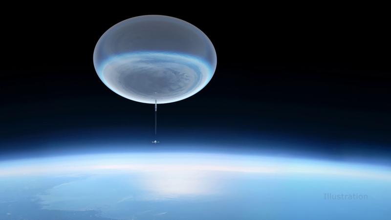 An illustration of a high altitude balloon ascending into the atmosphere.