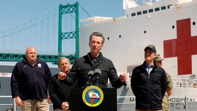 California Governor Gavin Newsom and L.A. Mayor Eric Garcetti welcome the USNS Mercy to Los Angeles