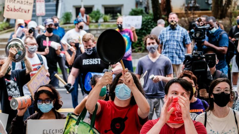 Protesters outside Lous DeJoy's home, Aug. 15