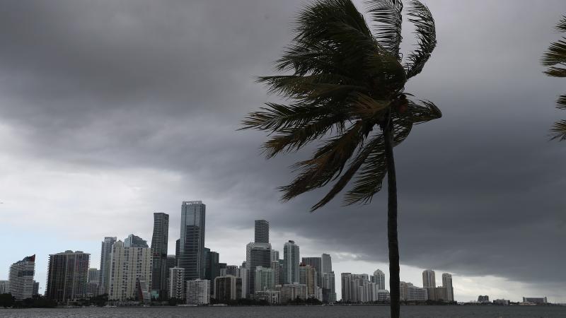 Storm clouds are seen over the city as Hurricane Isaias approaches the east coast of Florida.