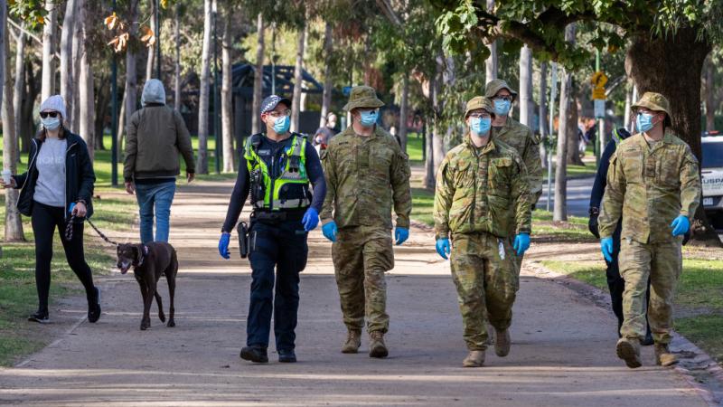 Soldiers and police in Melbourne, Aug. 6