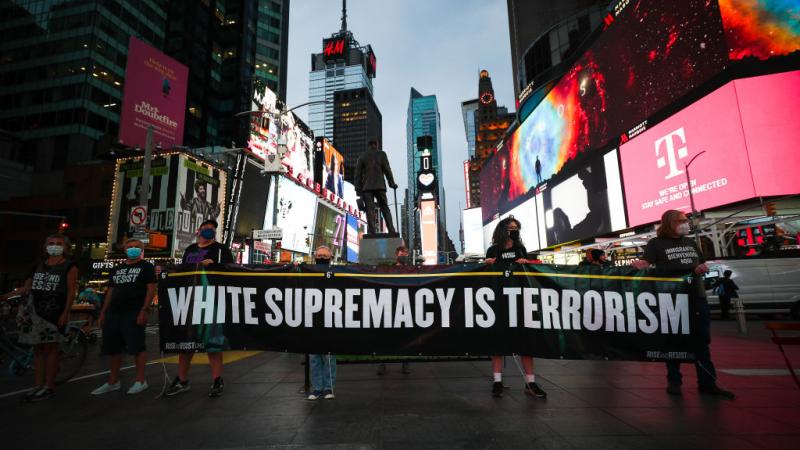 Demonstrators in Times Square, Sept. 3