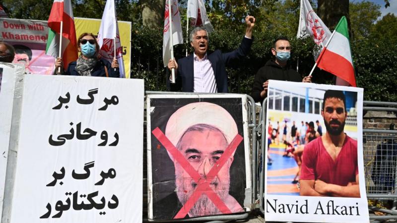 Demonstrators in London protest the execution of Iranian wrestler Navid Afkari, Sept. 12 