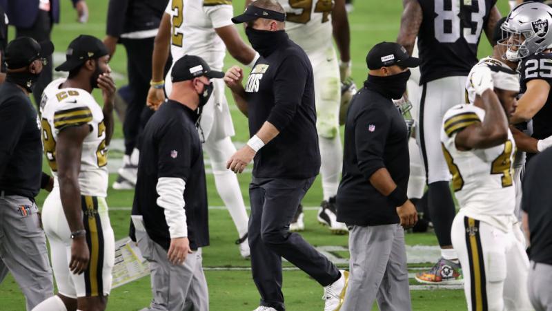 Head coach Sean Payton of the New Orleans Saints walks off the field following the NFL game against the Las Vegas Raiders 