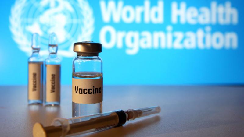 WHO logo behind a vaccine display