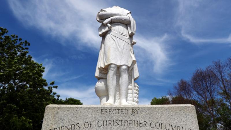 Decapitated statue of Christopher Columbus in Boston