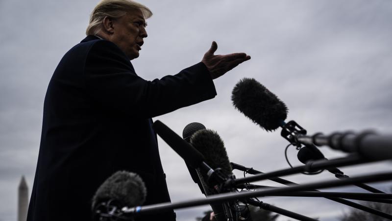 President Donald J. Trump stops to talk to reporters and members of the media as he walks to board Marine One and depart from the South Lawn at the White House on Friday, Feb 07, 2020 in Washington, DC.