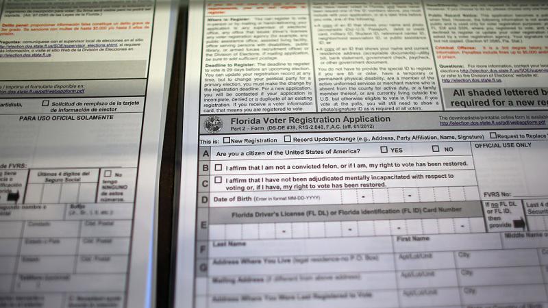 Florida voter registration application at Miami-Dade Elections Department Oct. 1, 2020