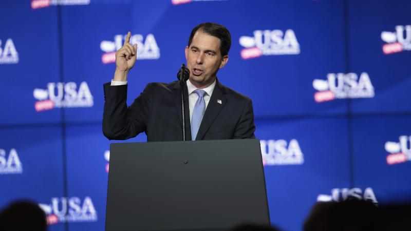 MT PLEASANT, WI - JUNE 28: Scott Walker, governor of Wisconsin, speaks at a groundbreaking ceremony for the $10 billion Foxconn factory complex on June 28, 2018 in Mt. Pleasant, Wisconsin. 