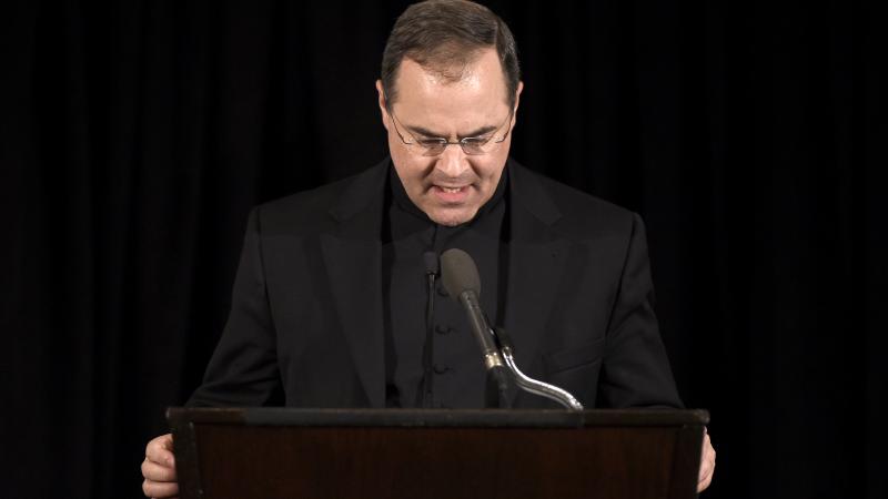 Rev. Paul Scalia, son of Supreme Court Justice Antonin Scalia speaks at the memorial service for his father at the Mayflower Hotel March 1, 2016 in Washington, DC. 