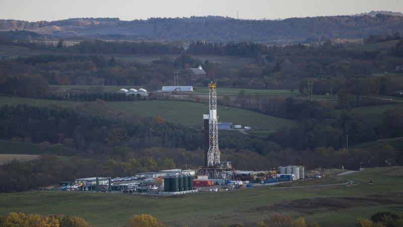A hydro-fracking drilling pad for oil and gas operates October 26, 2017 in Robinson Township, Pennsylvania. The Kendal well pad is using a horizontal drilling technique for extracting oil and gas in the extensive Marcellus shale formation. 