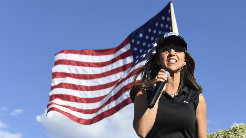 Lauren Boebert, the Republican candidate for the US House of Representatives seat in Colorado's 3rd Congressional District, addresses supporters during a campaign rally in Colona, Colorado on October 10, 2020.