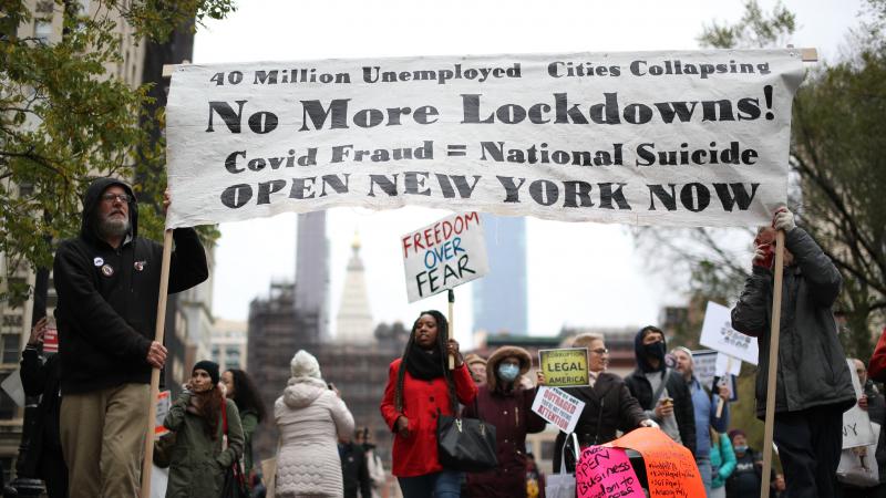A group of Trump supporters protest coronavirus (COVID-19) measurements in New York City, United States on November 22, 2020.