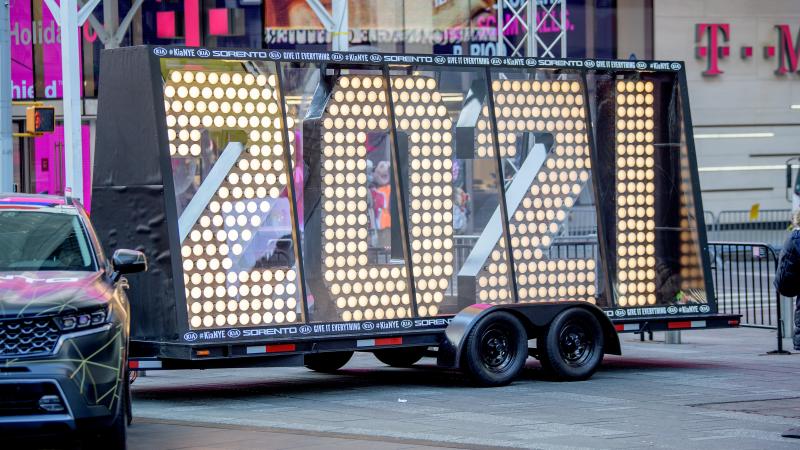 A view of the "2021" sign that will be placed on the top of the former New York Times building for New Year's Eve in Times Square during the coronavirus (COVID-19) pandemic on December 23, 2020 in New York City.