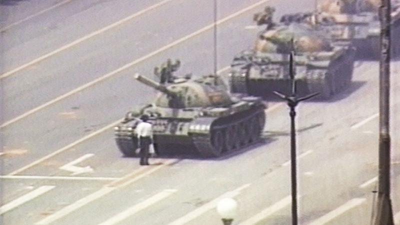 The famous "tank man" in Tianenman Square, June 5, 1989