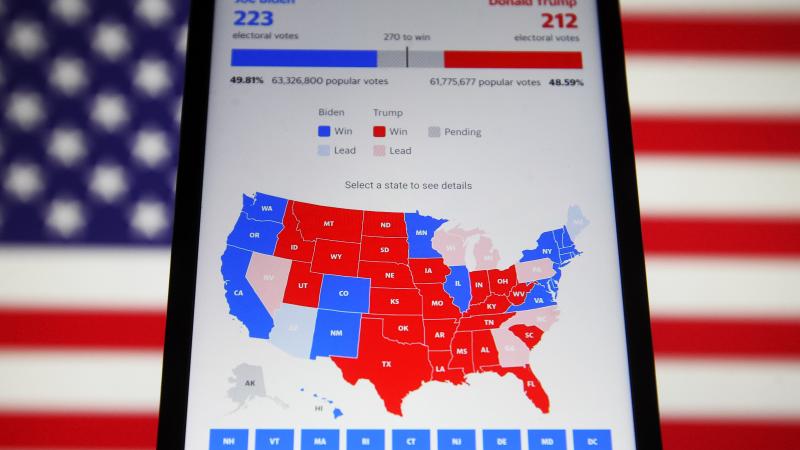 In this photo illustration the U.S. Presidential election early results are seen on a smartphone screen.