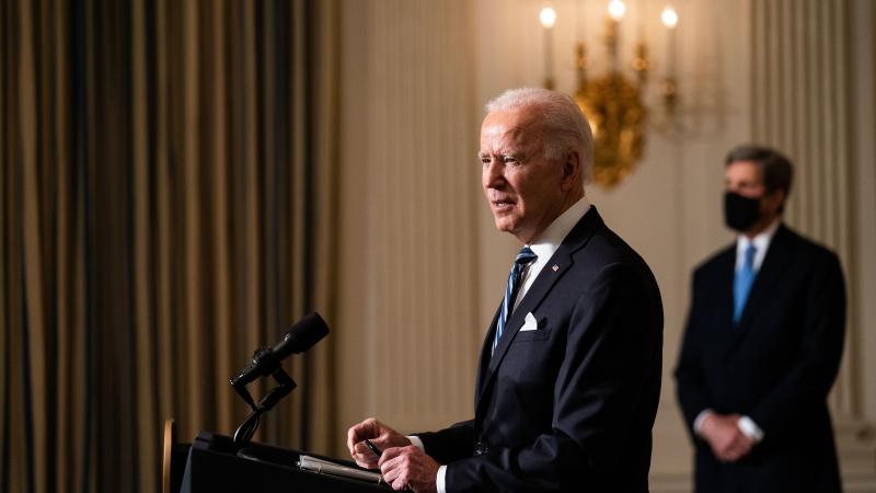 U.S. President Joe Biden speaks about climate change issues in the State Dining Room of the White House on January 27, 2021 in Washington, DC.