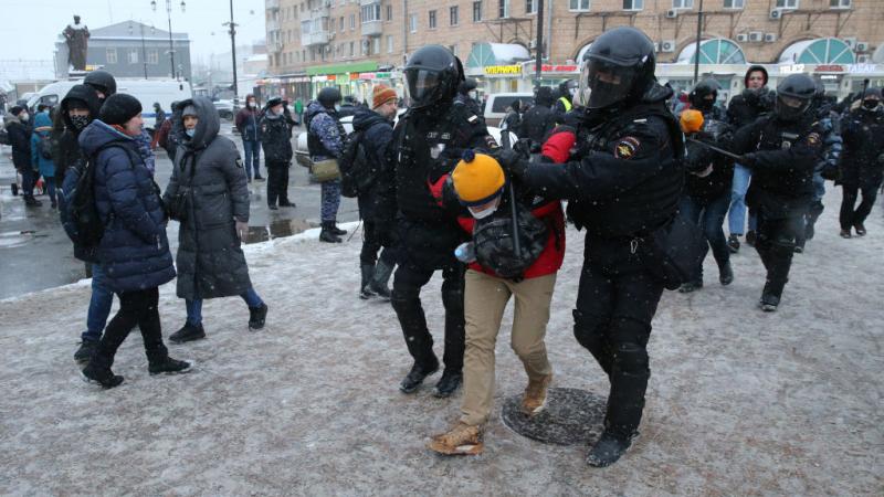 Police detain protesters in Moscow, Russia on Jan. 31, 2021