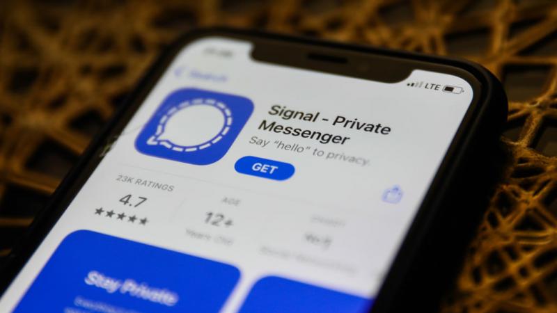 Signal logo in App Store seen on screen in illustration photo