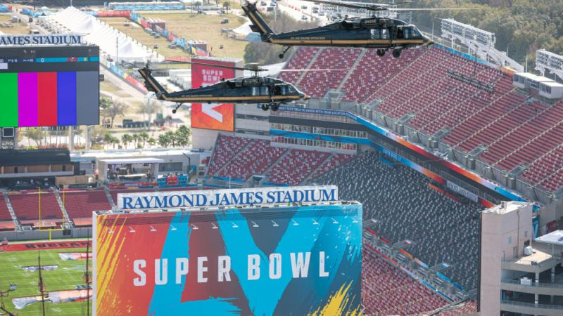 Black Hawk helicopters over the Super Bowl venue in Tampa