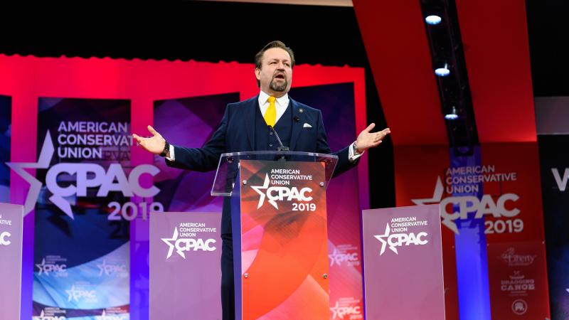 Sebastian Gorka, former Deputy Assistant to President Trump, seen speaking during the American Conservative Union's Conservative Political Action Conference (CPAC) at the Gaylord National Resort & Convention Center in Oxon Hill, MD.
