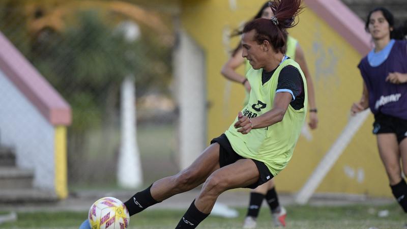 Argentine football player Mara Gomez strikes the ball during a training session with her first division women's football team, Villa San Carlos, in La Plata, Argentina, on February 14, 2020.