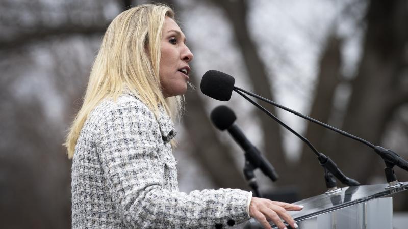Rep. Marjorie Taylor Greene, R-Ga., speaks during an event held by Moms for America on the East Front of the Capitol in Washington on Tuesday, Jan. 5, 2021.