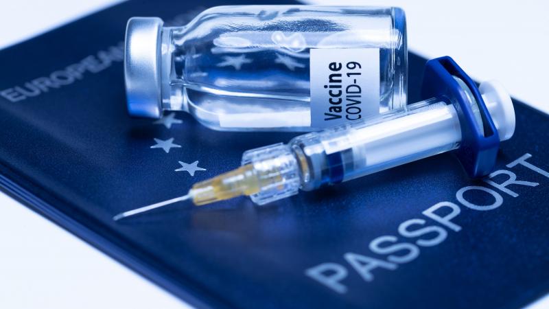 A picture taken on March 3, 2021 in Paris shows a vaccine vial reading "Covid-19 vaccine" and a syringe on an European passport.
