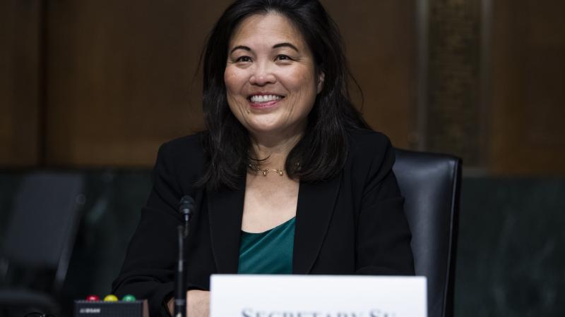 Julie A. Su, nominee for deputy secretary of Labor, prepares to testify during her Senate Health, Education, Labor and Pensions Committee confirmation hearing in Dirksen Building on Tuesday, March 16, 2021.
