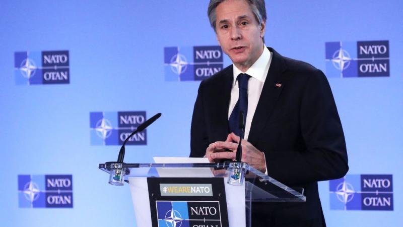 US Secretary of State Antony Blinken speaks prior to a NATO Foreign Ministers' meeting in Brussels