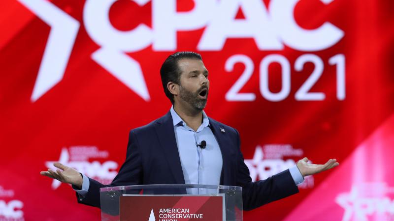 Don Trump, Jr. addresses the Conservative Political Action Conference being held in the Hyatt Regency on February 26, 2021 in Orlando, Florida.