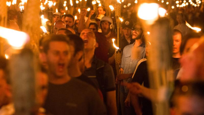 White Supremacists march in Charlottesville, VA, August 11, 2017.