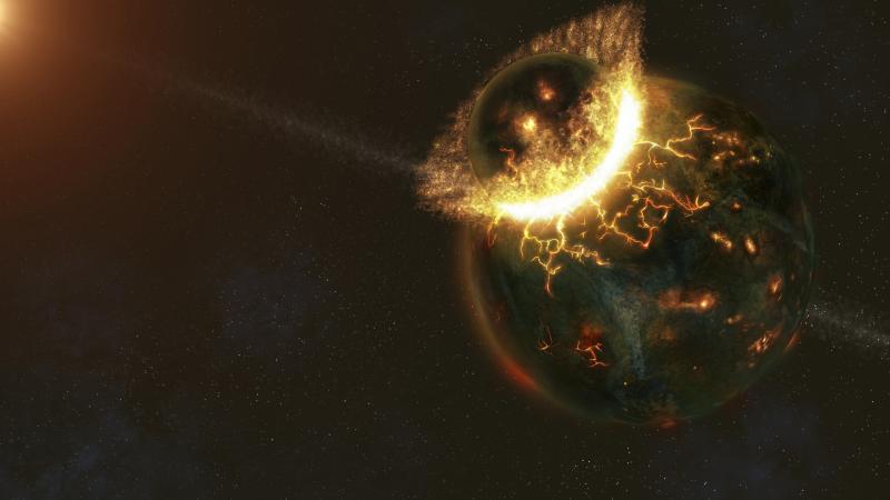 Artist interpretation of Theia's impact on the Earth.